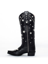 Black Star Inlay Wide Mid Calf Boots Snip Toe Chunky Heeled Western Cowgirl Boots